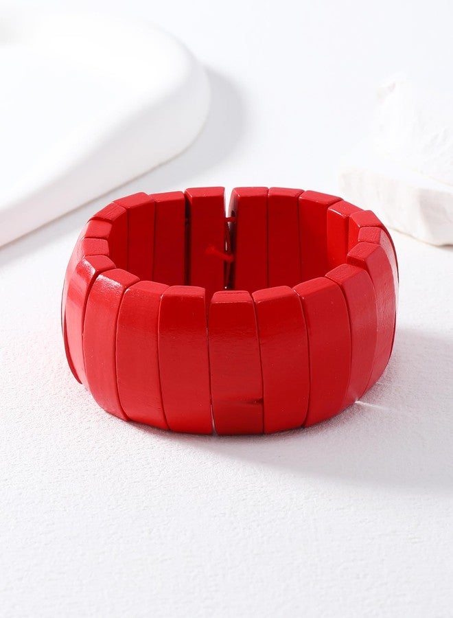 QRH Red Bohemian Wooden Beads Stretch Bracelet Multi-colored Wide Chunky Bangle Bracelets Red Wooden Beads Wristband Elastic Bangle Coconut Shell Bracelets Jewelry - Image 5